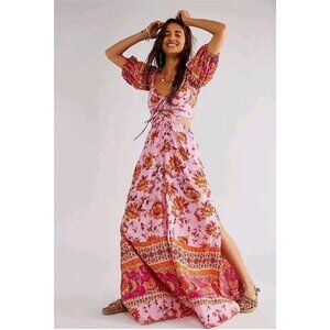 Free People Bali Citrus Skies One Piece Wide Leg  Jumpsuit Pink Women's Large